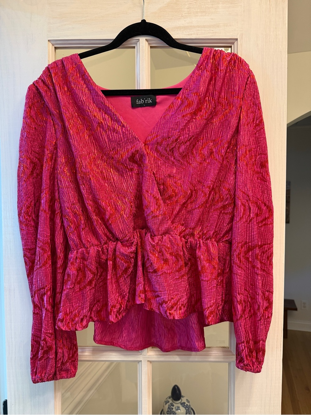 fab'rik Hot Pink Textured Peplum V-Neck Top